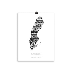 Sverigekarta med Sveriges Nationalsång - Du gamla, du fria - Minimalistisk Design Poster